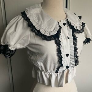 Gothic lolita puff sleeve lace ruffle blouse with heart buttons and peplum
